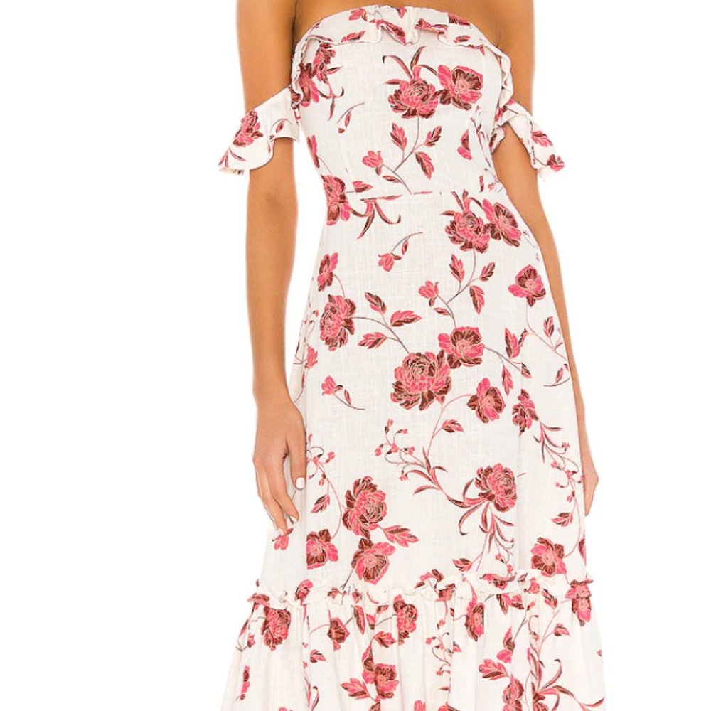Misa off the shoulder white dress with red florals. Size S.